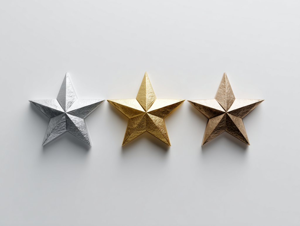 Three stars in bronze, silver, and gold illustrating the different iCIRT by Equifax colour rating levels.