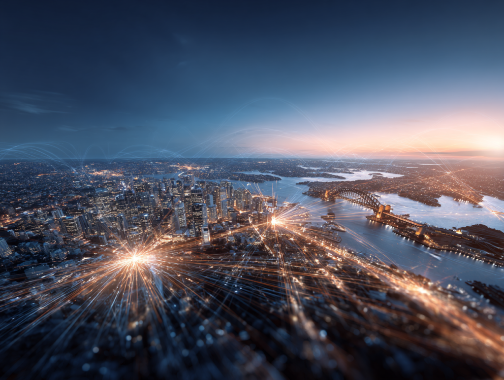 Abstract map of New South Wales with glowing connected lines symbolising Construct NSW’s trusted iCIRT network.