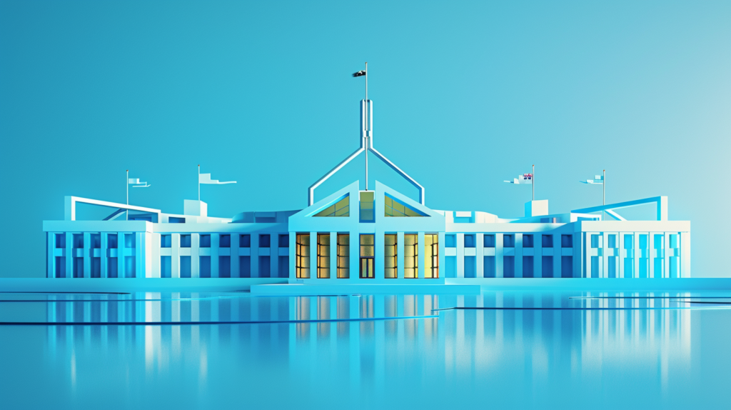 Abstract depiction of Parliament House with blue and gold highlights representing trust and verification.