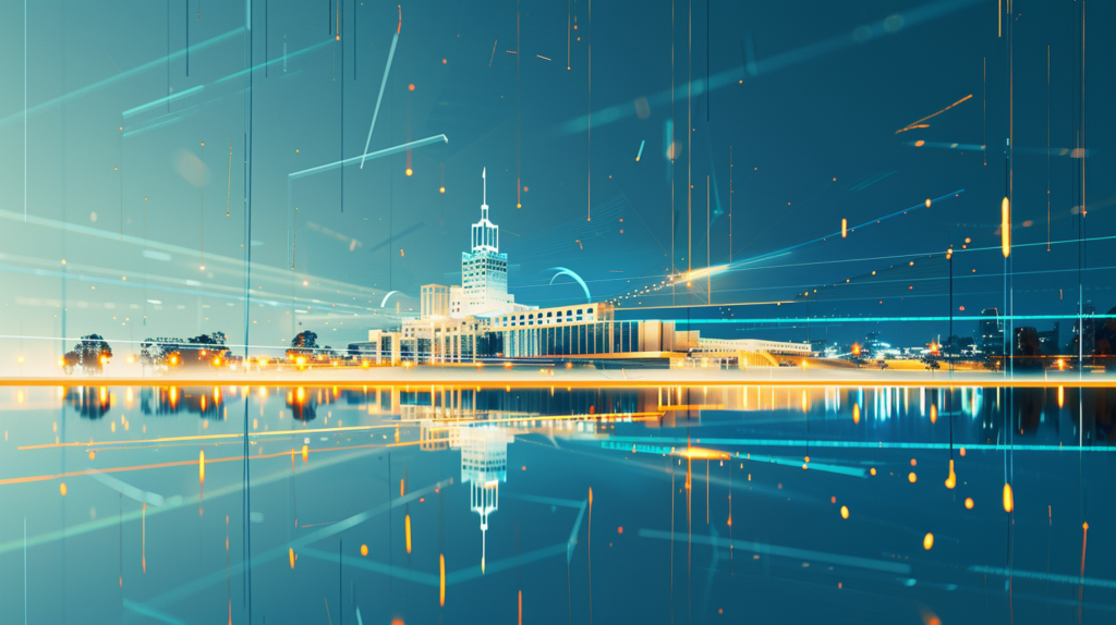 Abstract depiction of Canberra’s Parliament House with soft blue and gold glowing reflections symbolising iCIRT-led transparency and reform in construction.