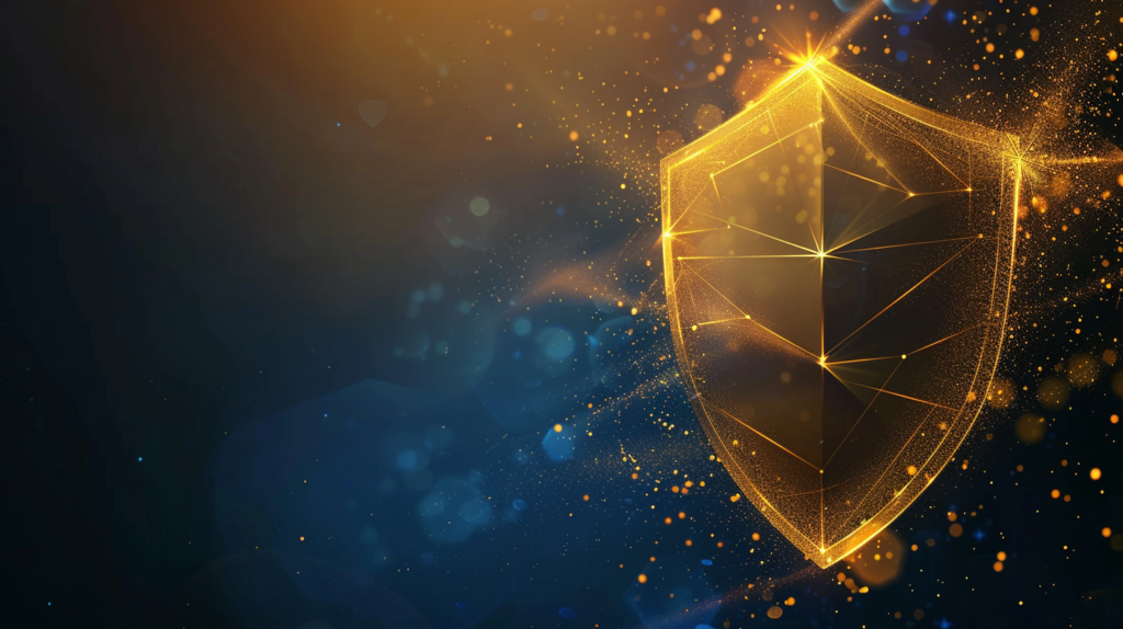 Abstract glowing blue and gold shield symbolising verified trust and consumer confidence through iCIRT ratings.