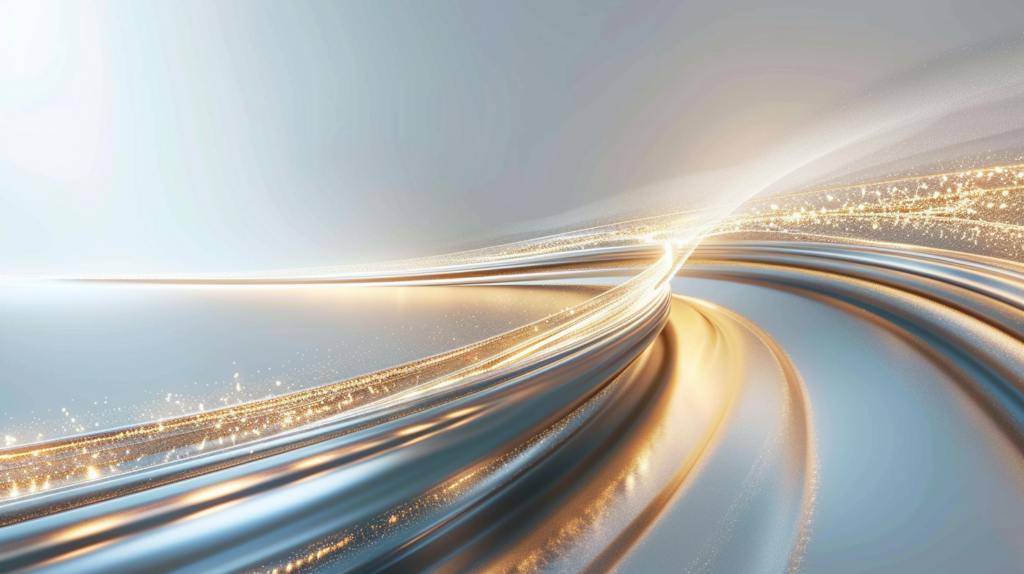 Abstract blue and gold light trails leading to a bright horizon, symbolising progress, trust, and transparency shaping the future of construction.