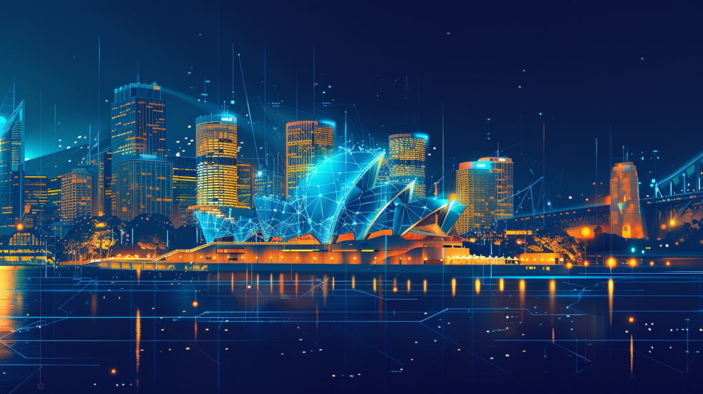 Abstract futuristic illustration of a Sydney precinct with blue and gold highlights symbolising transparency in urban renewal.
