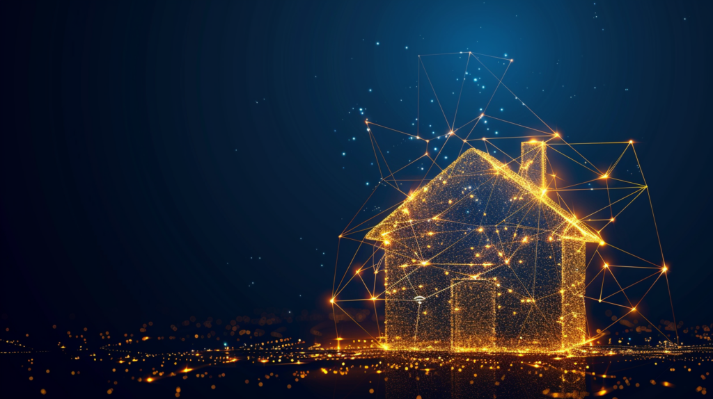 Abstract gold and blue network forming a home symbolising increased property market trust through iCIRT.