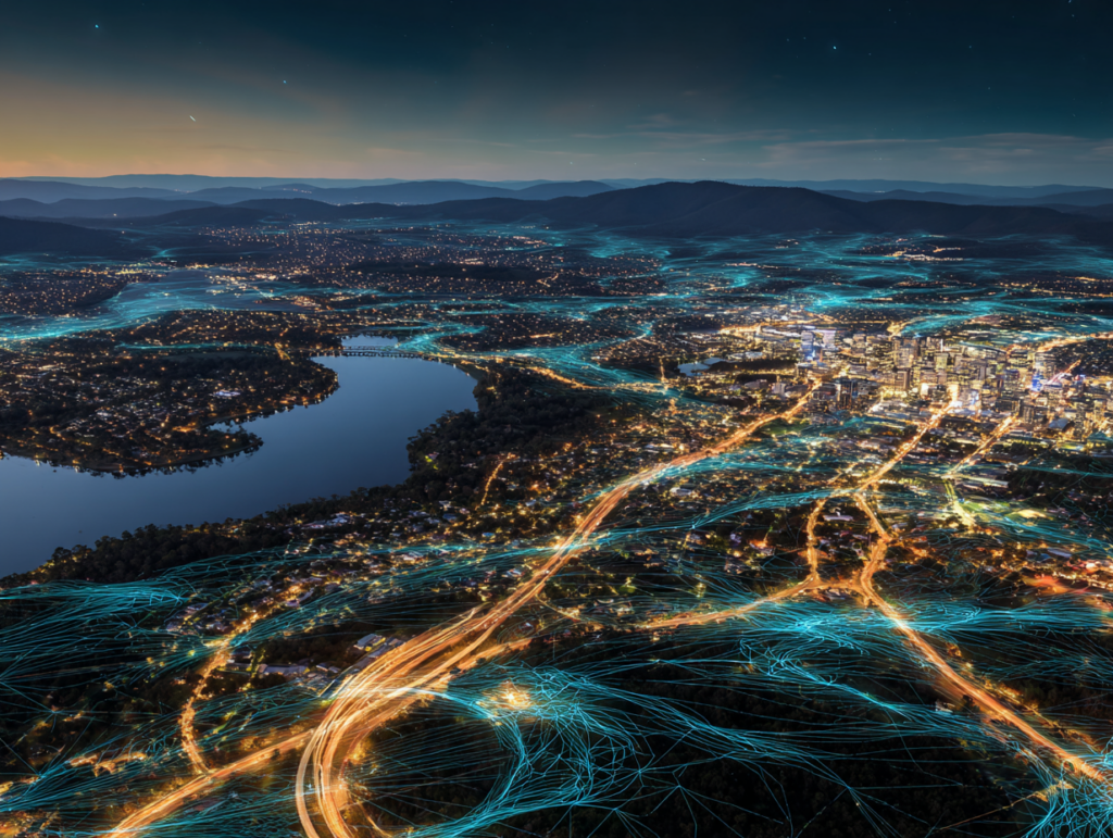 Abstract network of glowing nodes over Canberra symbolising growing trust across the ACT property market through iCIRT.