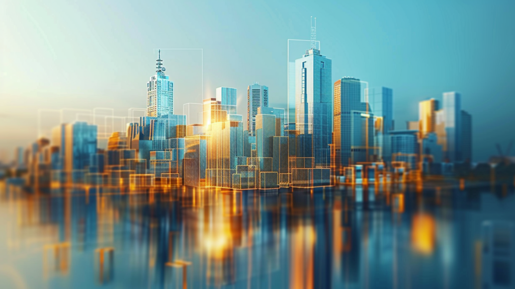 Abstract futuristic illustration of the Melbourne skyline with blue and gold accents symbolising transparency and trust in Victorian construction.