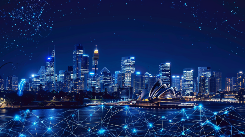 Abstract Sydney skyline with blue and gold glowing lines representing financial confidence in iCIRT-rated developers.